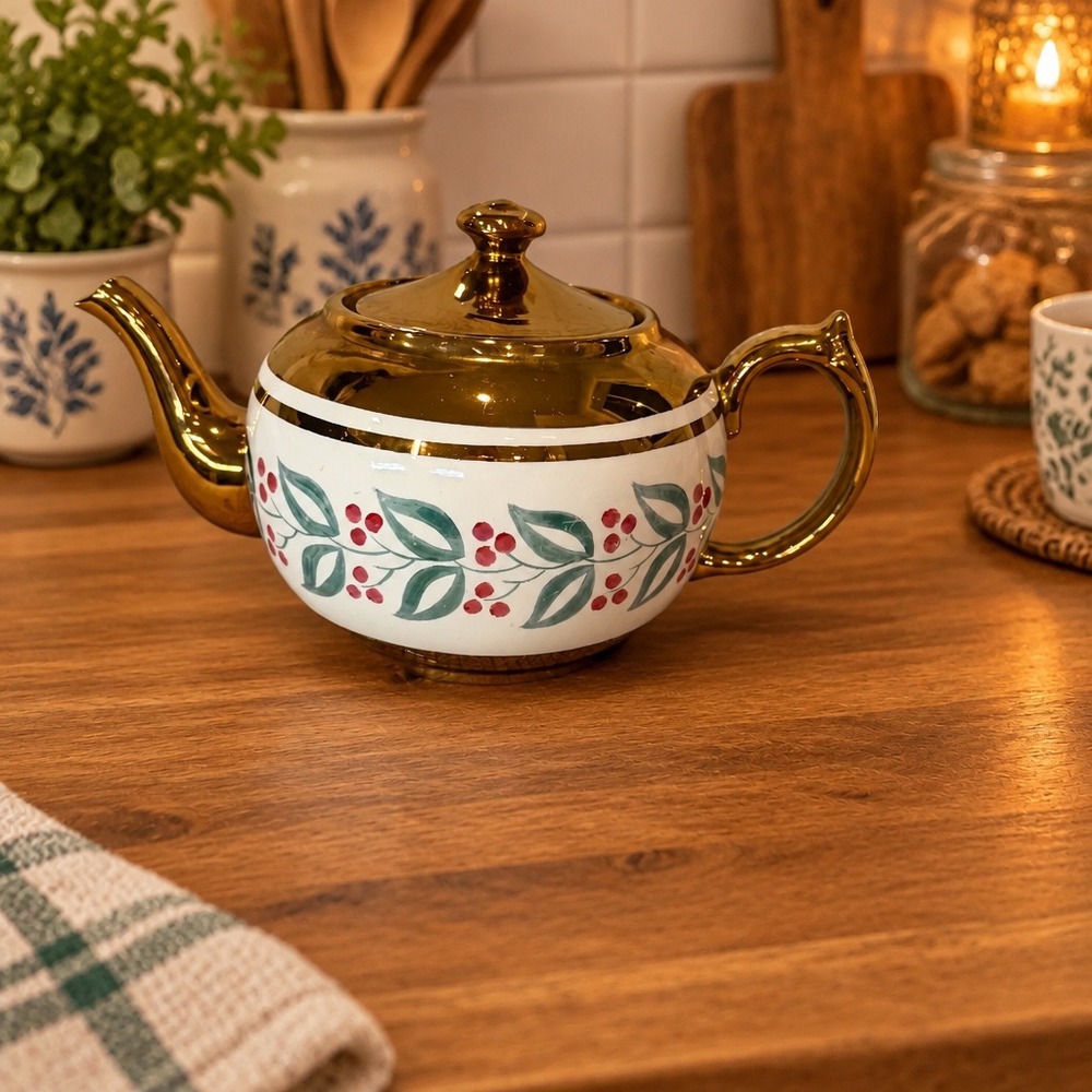 Wade England Teapot Gold Holly Berry Lusterware Vintage English Tea Pot Cottage
